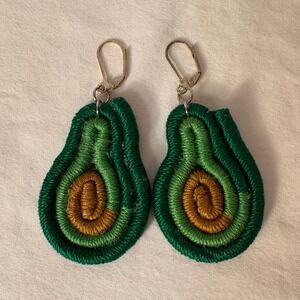Handmade Embroidered Avocado‎ Drop Earrings Fun Novelty Fruit Dangle Drop